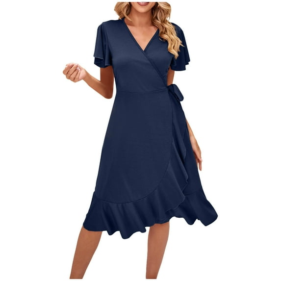 QUYUON Womens Summer Wrap Midi Dress Formal Wedding Guest Dresses V Neck Short Sleeve Beach Sundress Loose Casual Flowy Ruffle Hem Side Tie Knot A-Line Mid-Length Dress Style D-8017 Navy XL