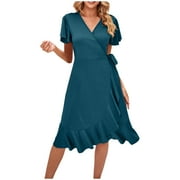 QUYUON Womens Summer Wrap Midi Dress Formal Wedding Guest Dresses V Neck Short Sleeve Beach Sundress Loose Casual Flowy Ruffle Hem Side Tie Knot A-Line Mid-Length Dress Style D-8022 Blue XL