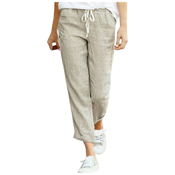 QUYUON Womens Sweatpants Casual Drawstring Elastic Waist Cotton Linen Cropped Pants Women Dress Pants Full Pant Leg Length Track Pants Pant Style N-7157 Gray 3XL