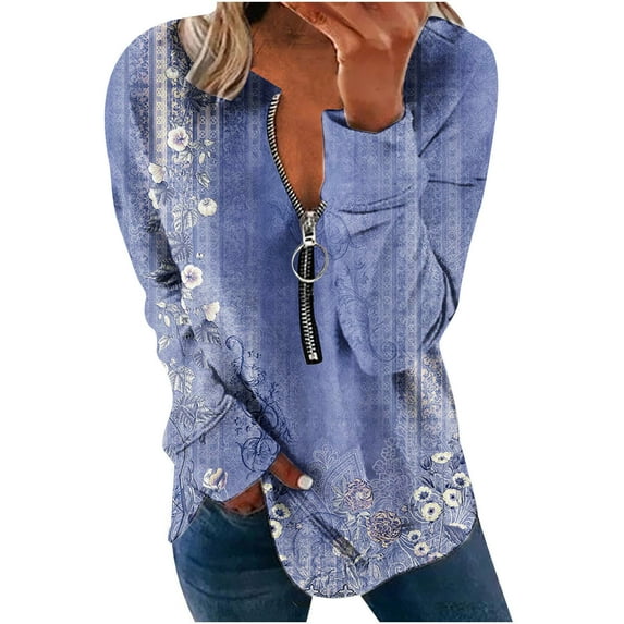 QUYUON Womens Sweatshirts No Hood Deals Half Zip Sweatshirts Women Floral Print Casual Crew Neck Long Sleeve Shirts Quarter Zip Pullover Tops Soft Lightweight Sweatshirts Blue-F M