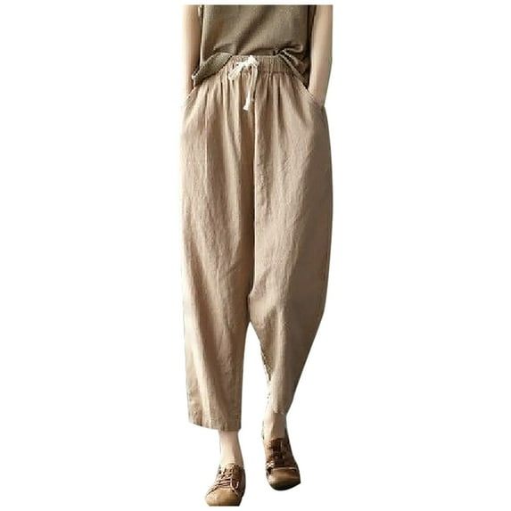 QUYUON Womens Tall Pants Clearance Fashion Comfortable Leisure Solid Cropped Pants Pockets Loose Pants High Waisted Pants Full Length Pant Leg Dressy Style P10633 Khaki 3XL