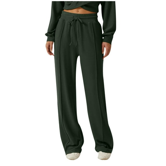 QUYUON Womens Tall Pants Solid Color Casual Wide Leg Pants High Waist Drawstring Sweatpant with Pockets Workout Lounge Trouser Ladies Comfy Pants Army Green XXL