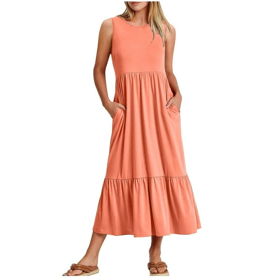 QUYUON Womens Tank Midi Dress - Women's Summer Sleeveless Crew Neck High Waist T Shirt Midi Dress with Pockets Pleated A-Line Ruffle Hem Flowy Loose Casual Beach Dresses Orange L
