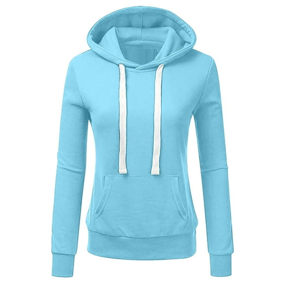QUYUON Womens Tunic Sweatshirts Pullover Drawstring Lightweight Hoodies with Pockets Plain Color Long Sleeve Casual Hooded Sweatshirts Fall Winter Sweater Coat Hoodies for Women Light Blue L