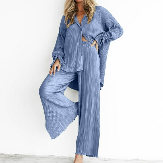 QUYUON Womens Two Piece Outfits Pleated Wide Leg Pants Sets 2 Piece Outfits Sets Long Sleeve Button-Down Blouse and Pants Set Casual Loose Fit Long Pants Trousers Lounge Sets with Pockets Blue S