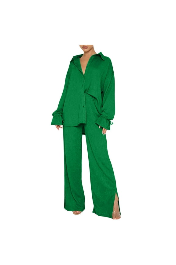 Womens Two Piece Outfits Sweater Sets Ladies Long Sleeve Button-Down Shirt Blouse and Pants Sets Side Split High Waist Wide Leg Pants Lounge Sets 2 Piece Outfits Sets Green M