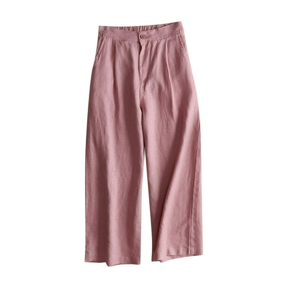 QUYUON Womens Work Pants Deals Solid Color Casual Button Cotton Linen Straight Cropped Pants Flowy Pants Women Full Length Pant Leg Workwear Style P4067 Pink M