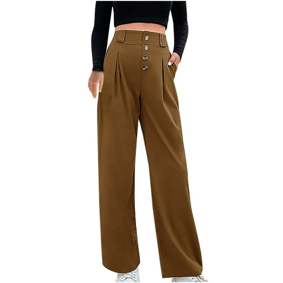 QUYUON Womens Work Pants Solid Color High Waisted Dressy Pants Straight Loose Leg Pants Flowy Pants for Women Long Pant Leg Length Jegging Pant Style N-6922 Brown XL