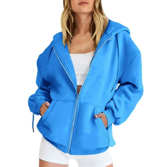QUYUON Womens Zip Up Hoodies Long-Sleeved Fall Oversized Casual Sweatshirts Jacket with Pocket Plain Color Fleece Sweatshirts Winter Long Sleeve Shirts Ladies Full Zip Hooded Sweatshirt Sky Blue M