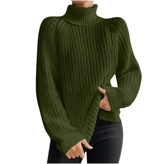 QUYUON Work Sweaters for Women Turtleneck Long Sleeve Cable Knit Sweaters Side Split Hem High Low Tunic Sweater Knitted Pullover Jumper Tops Casual Loose Winter Warm Sweater Army Green L