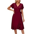 thumbnail image 1 of QUYUON Wrap Dress for Women Midi Dresses for Women V-Neck Short Sleeve Ruffle Mid-Length Dress Wedding Guest A-Line Evening Party Vintage Cocktail Dress Beach Sundress Style D-1711 Wine L, 1 of 5