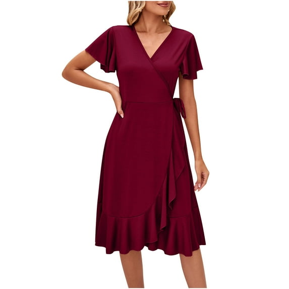 QUYUON Wrap Dress for Women Midi Dresses for Women V-Neck Short Sleeve Ruffle Mid-Length Dress Wedding Guest A-Line Evening Party Vintage Cocktail Dress Beach Sundress Style D-1711 Wine L