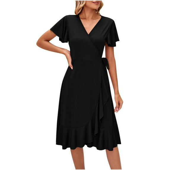 QUYUON Wrap Dress for Women Midi Dresses for Women V-Neck Short Sleeve Ruffle Mid-Length Dress Wedding Guest A-Line Evening Party Vintage Cocktail Dress Beach Sundress Style D-1697 Black XL