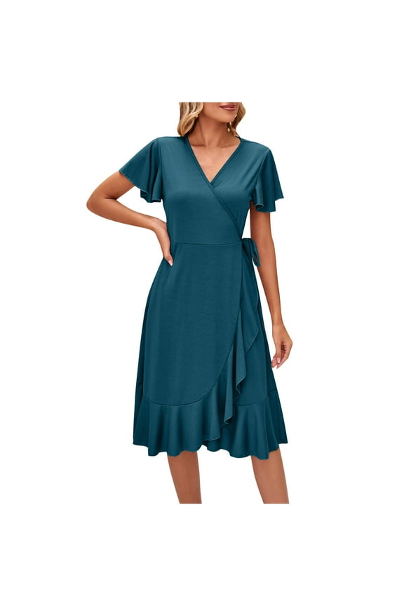 Wrap Dress for Women Midi Dresses for Women V-Neck Short Sleeve Ruffle Mid-Length Dress Wedding Guest A-Line Evening Party Vintage Cocktail Dress Beach Sundress Style D-1704 Dark Blue S