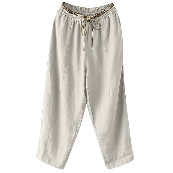 QUYUON Yoga Dress Pants for Women Fashion Women Plus Size Drawstring Casual Solid Elastic Waist Pocket Loose Pants High Waisted Pants Long Pant Leg Length Cargo Pant Style N-3678 Beige XXL