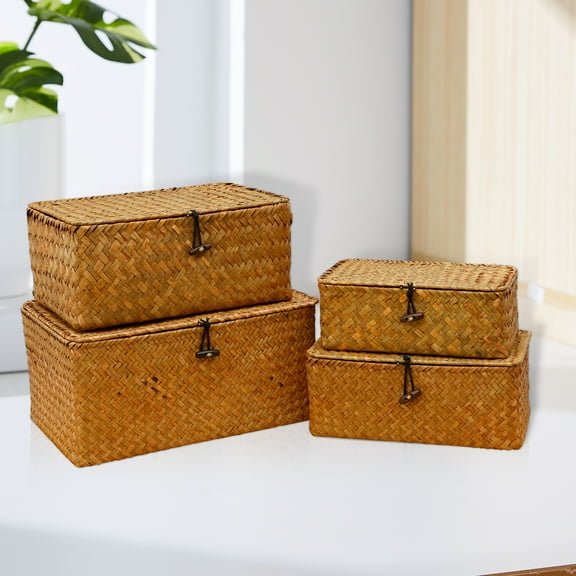 FKSZLL 4Pcs Grass Handwoven Natural Seagrass Bin Breathable Household Storage Box Easy to Move Seagrass Basket for Clothes Bedroom