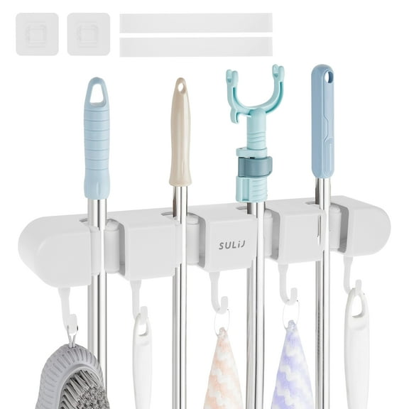 FKSZLL Broom Mop Holder with Hooks Wall Mounted Broom Storage Rack No Drilling Self-Adhesive Mop Broom Organizer Mop Holder Hanger for Bathroom Office Kitchen Closet Garage, White