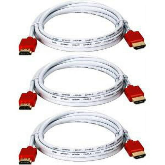 QVS 10ft High Speed HDMI UltraHD 4K with Ethernet Thin Flexible White Cables with Red Connectors, 3-Pack