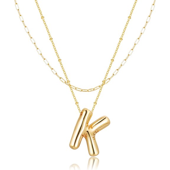 Renvor 2PCS Bubble Letter Initial Necklace for Women, Dainty 18K Gold Plated Alphabet Pendant with Chain, Layering Jewelry Gift