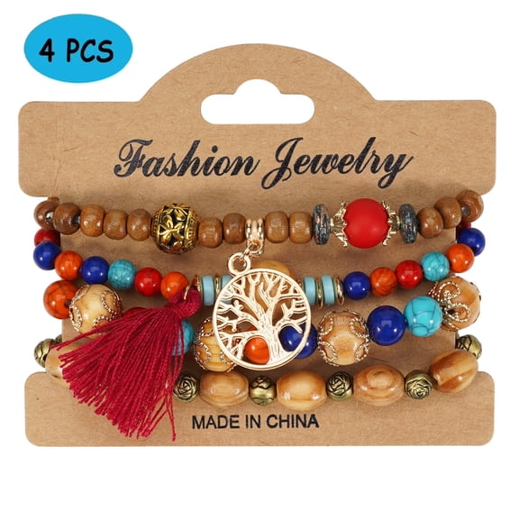 Renvor4 PCS Bohemian Stretch Anchor Bracelets, Stackable Tree of Life Bracelet Stretch Bracelets for Girls Women Gifts 