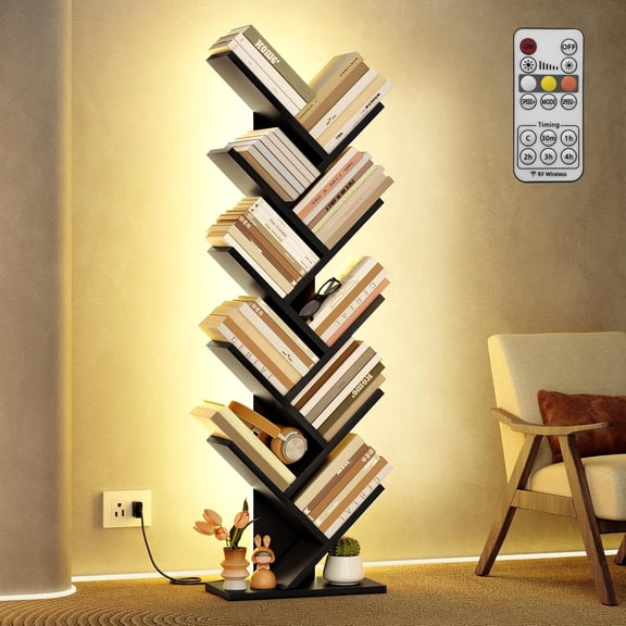 QW 10 Tier Tree Bookshelf, Tall Bookcase, Freestanding Book Shelf with LED Lights, Display Floor Standing Storage Shelf, Book Organizer Shelves for Home Office, Living Room, Black