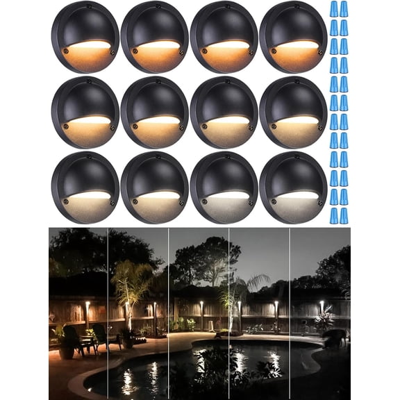 QW 12-Pack Update 5CCT LED Low Voltage Deck Lights, 180LM 3.74inch Landscape Step Railing Fence Light, 12-24V AC/DC, CRI90, Die-cast Aluminum Housing & Frosted Glass Lens, UL Cord, Black