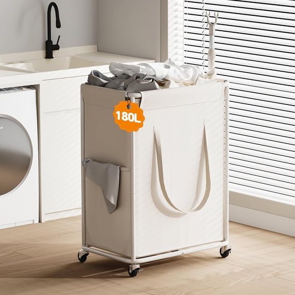 QW 180L Large Laundry Hamper with Wheels, Rolling Laundry Basket with Metal Frame and Removable Bag Design, Dirty Clothes Laundry Cart for Bathroom, Dorm Room, Laundry Room, White