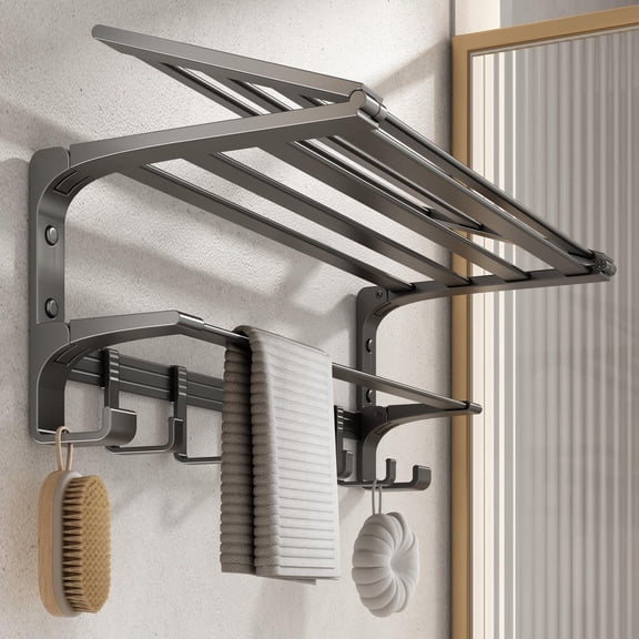QW 24 Inch Towel Rack with Towel Bar Holder Foldable Towel Shelf with Movable Hooks Rustproof Towel Storage Wall Mount for Bathroom Lavatory Matte Black