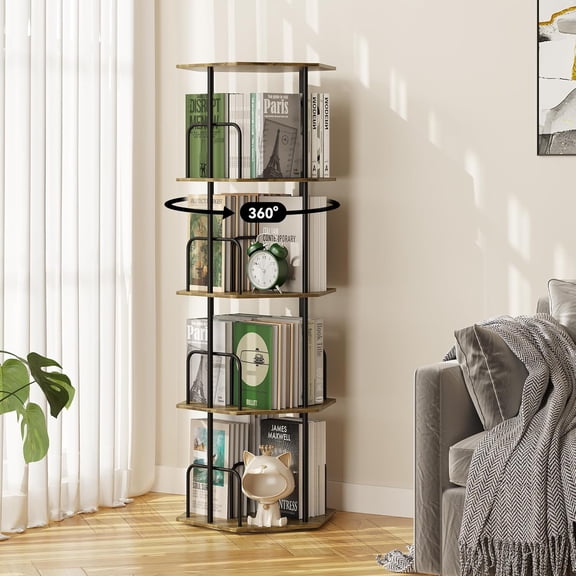 QW 4 Tier Rotating Bookshelf Tower, Revolving 360 ° Spinning Bookcase, Hexagonal Corner Book Shelf Storage Carousel, Vertical Rotate Turning Organizer Book Shelves for Living Room Office Bedroom