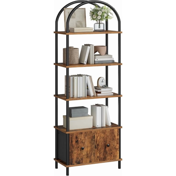 QW 5-Tier Bookshelf, Arched Bookcase with 2 Drawers, Tall Industrial Style Display Rack, Modern Standing Bookcase with Metal Frame for Office, Bedroom, Kitchen, Rustic Brown and Black BF175SJ01