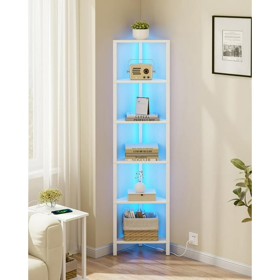 QW 6-Tier Corner Bookshelf with LED Light,Corner Shelf for Small Space, Narrow Display Corner Shelf Stand with Storage Rack, for Living Room, Bedroom, Pure White V1BS05BW006L