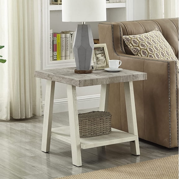 QW Athens Contemporary Two-Tone Wood Shelf End Table, Weathered Gray and Beige