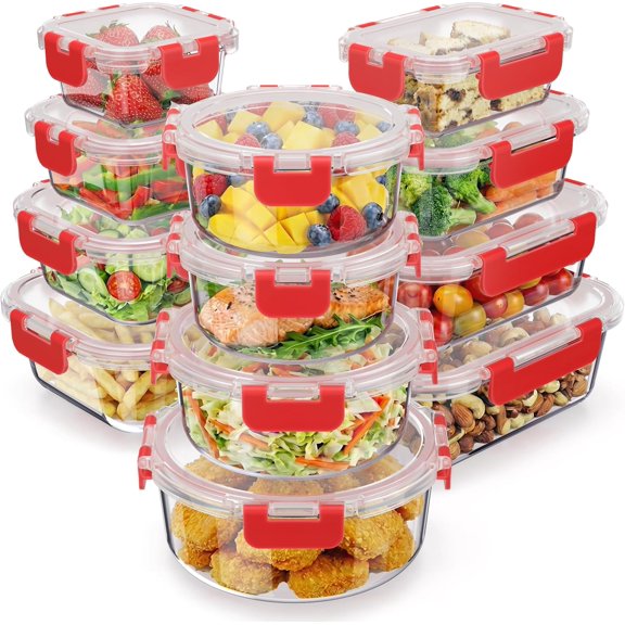QW  Borosilicate Glass Food Storage Containers with Lids 24 Pieces, BPA-Free Stackable Lunch & Leftover Containers, Microwave, Freezer & Dishwasher Safe, 100% Airtight Leak-Proof, Red