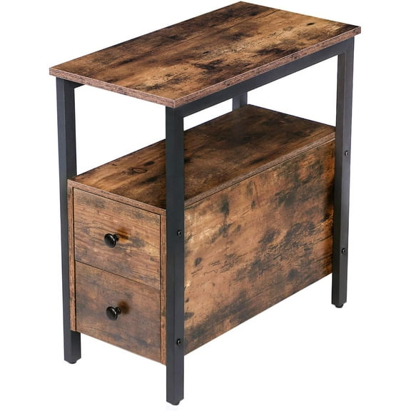 QW End Table, Narrow Chairside Table with Drawer and Open Storage Shelf, Nightstand for Small Spaces, Stable and Sturdy Construction, Wood Look Accent Furniture, Rustic Brown and Black BF548BZ01G2