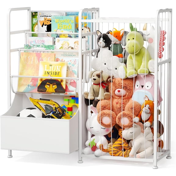 QW Kids Bookshelf and Stuffed Animal Storage - Multi-Function Nursery Book Shelves with Leather Toy Box and PVC Book Display, Toy Organizer for Playroom, Bedroom, Nursery, White