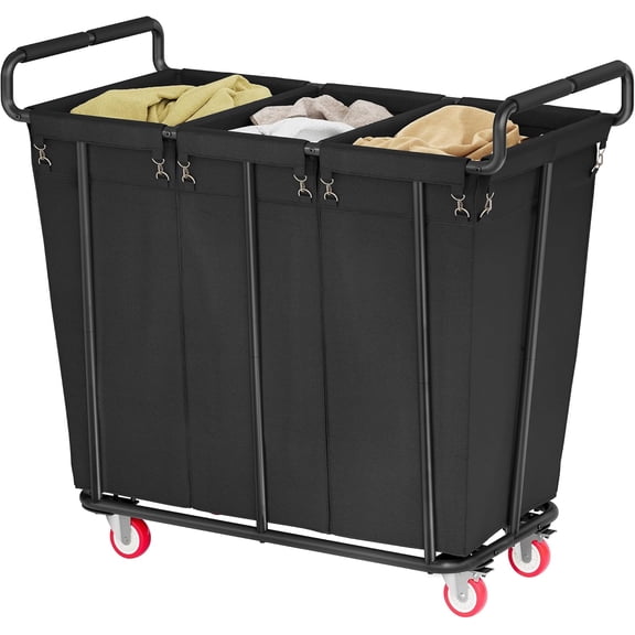 QW Large laundry hamper with Wheels, 360L 3 Bag Big Rolling Laundry Hamper Sorter Cart, Extra Large Laundry Clothes Hamper, Heavy Duty Laundry Basket Organizer for Laundry Room,Bathroom,Black