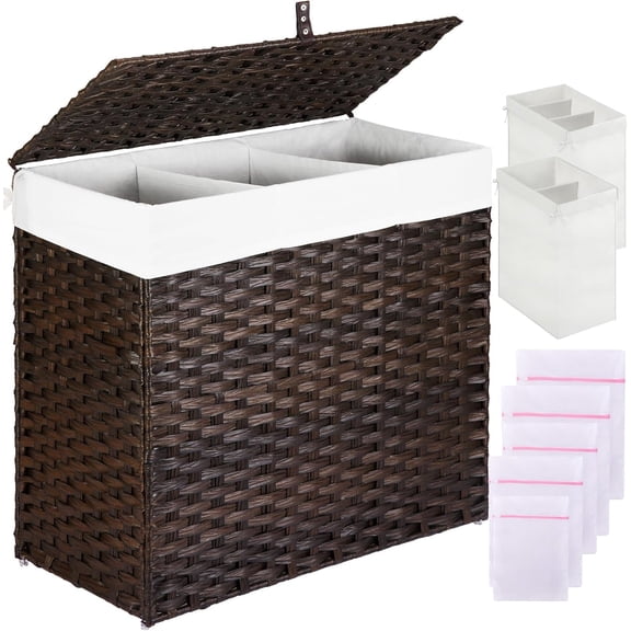 QW Laundry Hamper with Lid, 125L Large Clothes Hamper with 3 Section & 2 Section Removable Liner Bags & 5 Mesh Laundry Bags, Handwoven Synthetic Rattan Divided Laundry Basket, Brown
