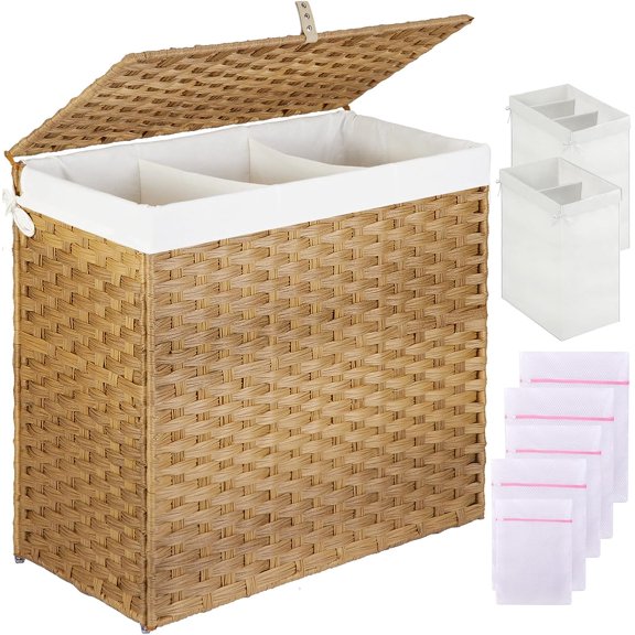 QW Laundry Hamper with Lid, 125L Large Clothes Hamper with 3 Section & 2 Section Removable Liner Bags & 5 Mesh Laundry Bags, Handwoven Synthetic Rattan Divided Laundry Basket, Natural