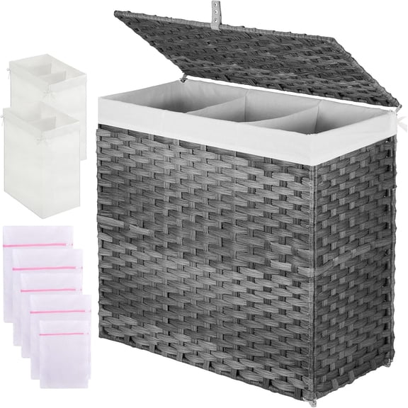 QW Laundry Hamper with Lid, 125L Wicker Laundry Baskets with 2 Removable Liner Bags & 5 Mesh Laundry Bags, Handwoven Rattan Clothes Hamper with Handles for Clothes in Bathroom, Bedroom