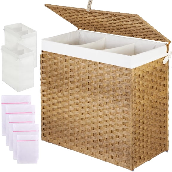 QW Laundry Hamper with Lid, 125L Wicker Laundry Baskets with 2 Removable Liner Bags & 5 Mesh Laundry Bags, Handwoven Rattan Clothes Hamper with Handles for Clothes in Bathroom, Bedroom