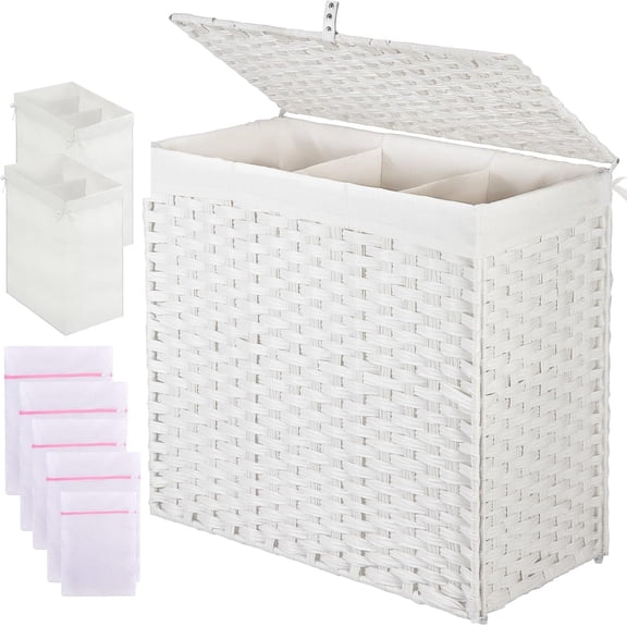 QW Laundry Hamper with Lid, 125L Wicker Laundry Baskets with 2 Removable Liner Bags & 5 Mesh Laundry Bags, Handwoven Rattan Clothes Hamper with Handles for Clothes in Bathroom, Bedroom