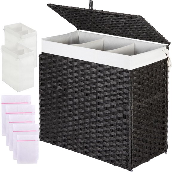 QW Laundry Hamper with Lid, 125L Wicker Laundry Baskets with 2 Removable Liner Bags & 5 Mesh Laundry Bags, Handwoven Rattan Clothes Hamper with Handles for Clothes in Bathroom, Bedroom