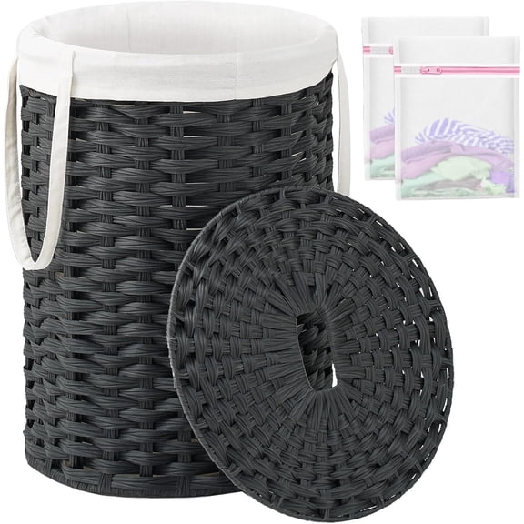 QW Laundry Hamper with Lid Laundry Basket with Lid 19.0 Gal (72 L) Round Wicker Laundry Basket Handwoven Rattan Basket with Lid Removable Bag 2 Mesh Bags Handles for Living Room Bathroom Black