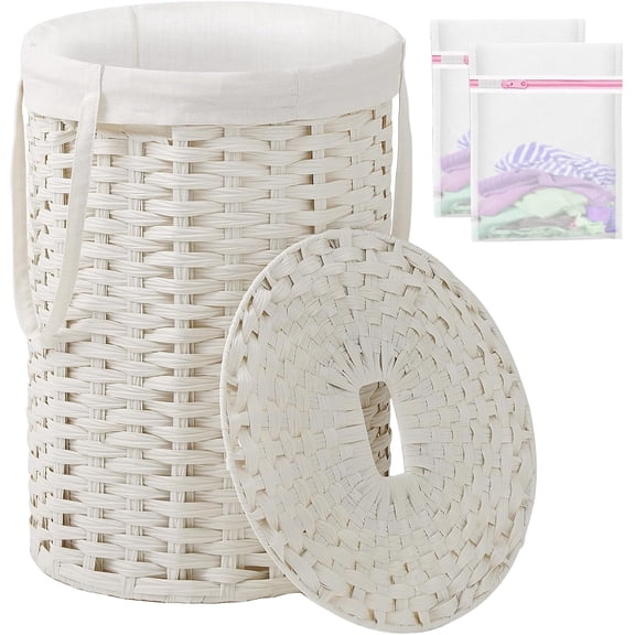 QW Laundry Hamper with Lid Laundry Basket with Lid 19.0 Gal (72 L) Round Wicker Laundry Basket Handwoven Rattan Basket with Lid Removable Bag 2 Mesh Bags Handles for Living Room Bathroom White