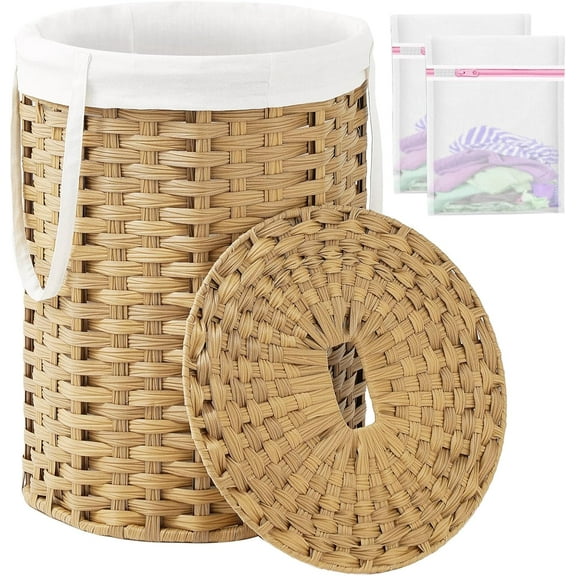 QW Laundry Hamper with Lid Laundry Basket with Lid 19.0 Gal (72 L) Round Wicker Laundry Basket Handwoven Rattan Hamper Removable Bag 2 Mesh Bags Handles for Living Room Bathroom Natural