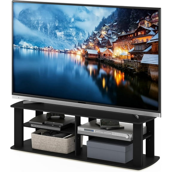 QW NELLY TV Stand, 3-Tier Entertainment Center with Open Shelves Storage, TV Console for TV up to 50 Inch, Soft Edges, for Living Room, Bedroom, Black