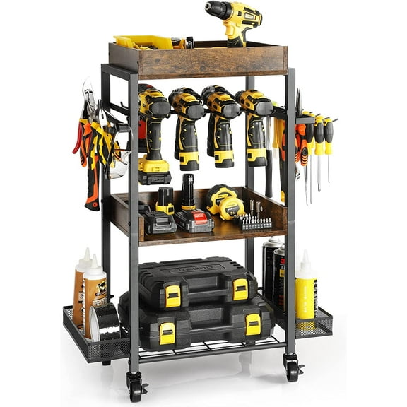 QW Power Tool Organizer Garage Storage Organization Shelving Tool Holder Drill Rack Shelf Rolling Cart Open Tool Chest Cabinet Box Organizer with Wheels Workshop Garage Gift Ideas for Men Dad