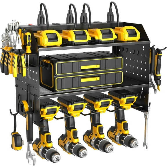 QW Power Tool Organizer Wall Mount, 3 Layer Charging Station with 6 Outlets, 4 Drill Holders and Drill Bit Rack, Tool Holder Storage Shelf Rack for Garage, Workbench and Workshop, Black