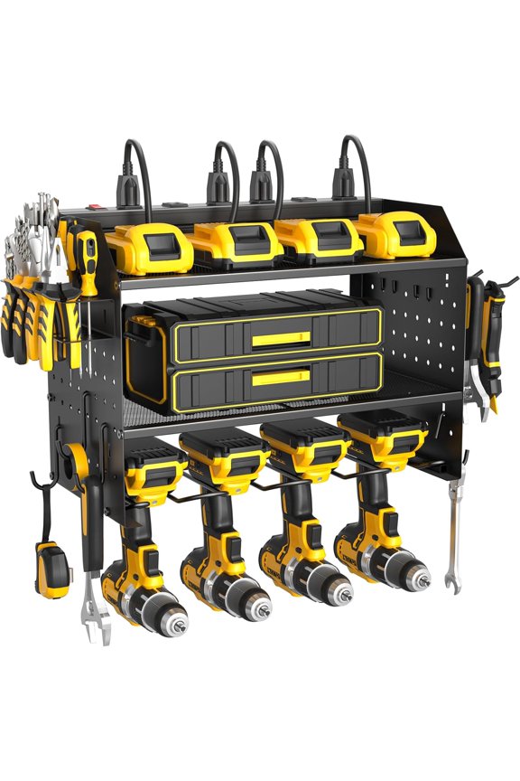 Power Tool Organizer Wall Mount, 3 Layer Charging Station with 6 Outlets, 4 Drill Holders and Drill Bit Rack, Tool Holder Storage Shelf Rack for Garage, Workbench and Workshop, Black