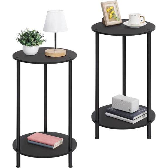 QW Small Round Side Table, 2 Tiers Farmhouse End Tables, Set of 2 Accent Tables for Small Spaces, Night Stands for Bedrooms Living Room, Coffee Tables with Storage Shelf, Black
